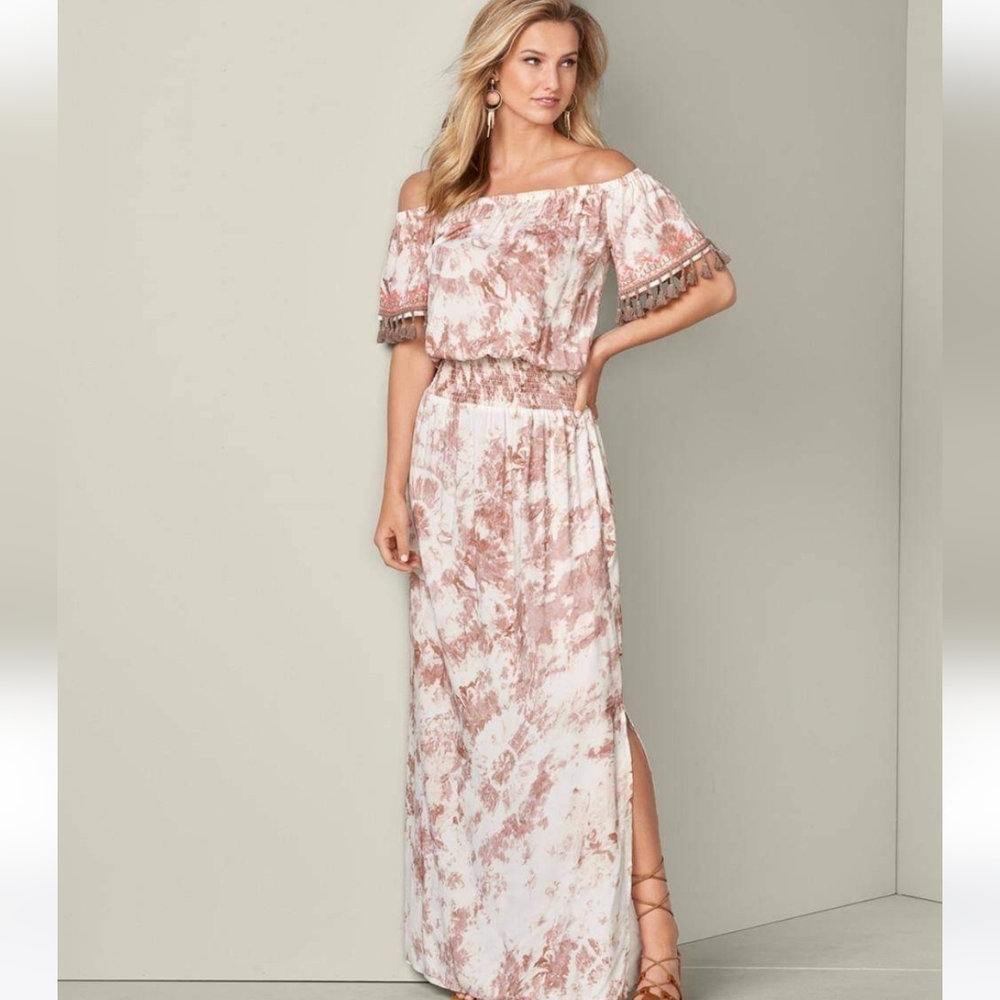 Venus Pink Tan Tie Dye Boho Embroidered Tassel Sleeve Smocked Waist Maxi XS